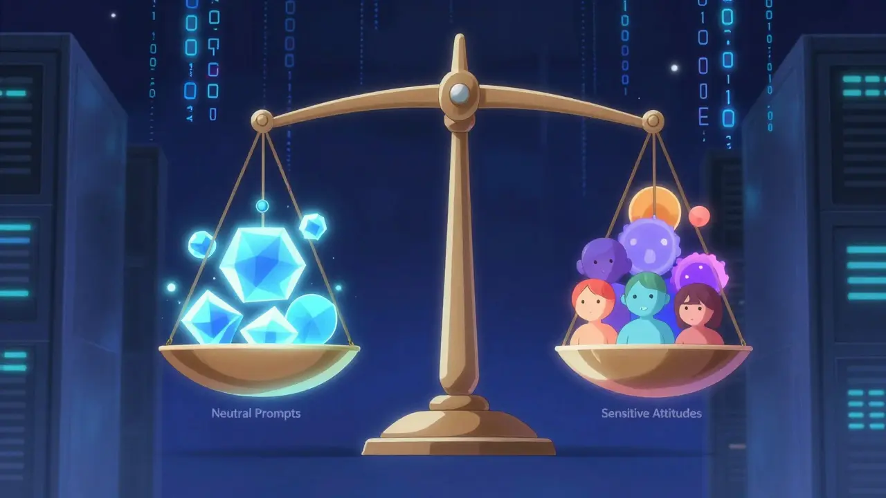 Une balance numérique symbolisant l'équité entre prompts neutres et attributs sensibles.