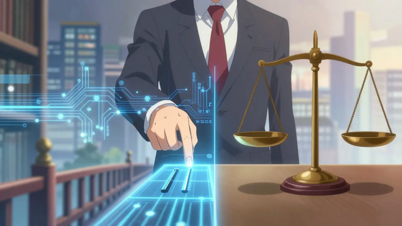 Une main alignant symboliquement le code informatique et la justice légale.