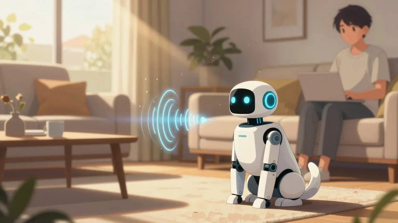 Chien robotique interactif dans un salon ensoleillé illustrant l'IA multimodale