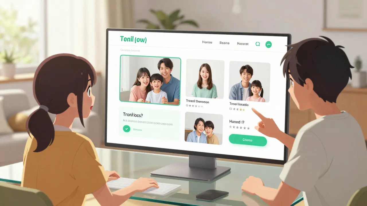 Famille heureuse utilisant une interface e-commerce intuitive et fluide