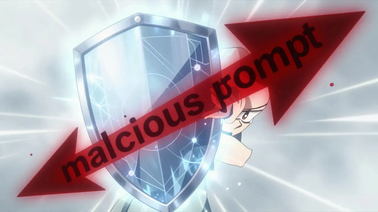 Personnage d'anime bloquant une flèche rouge malveillante avec un bouclier cristallin brillant dans un espace numérique.