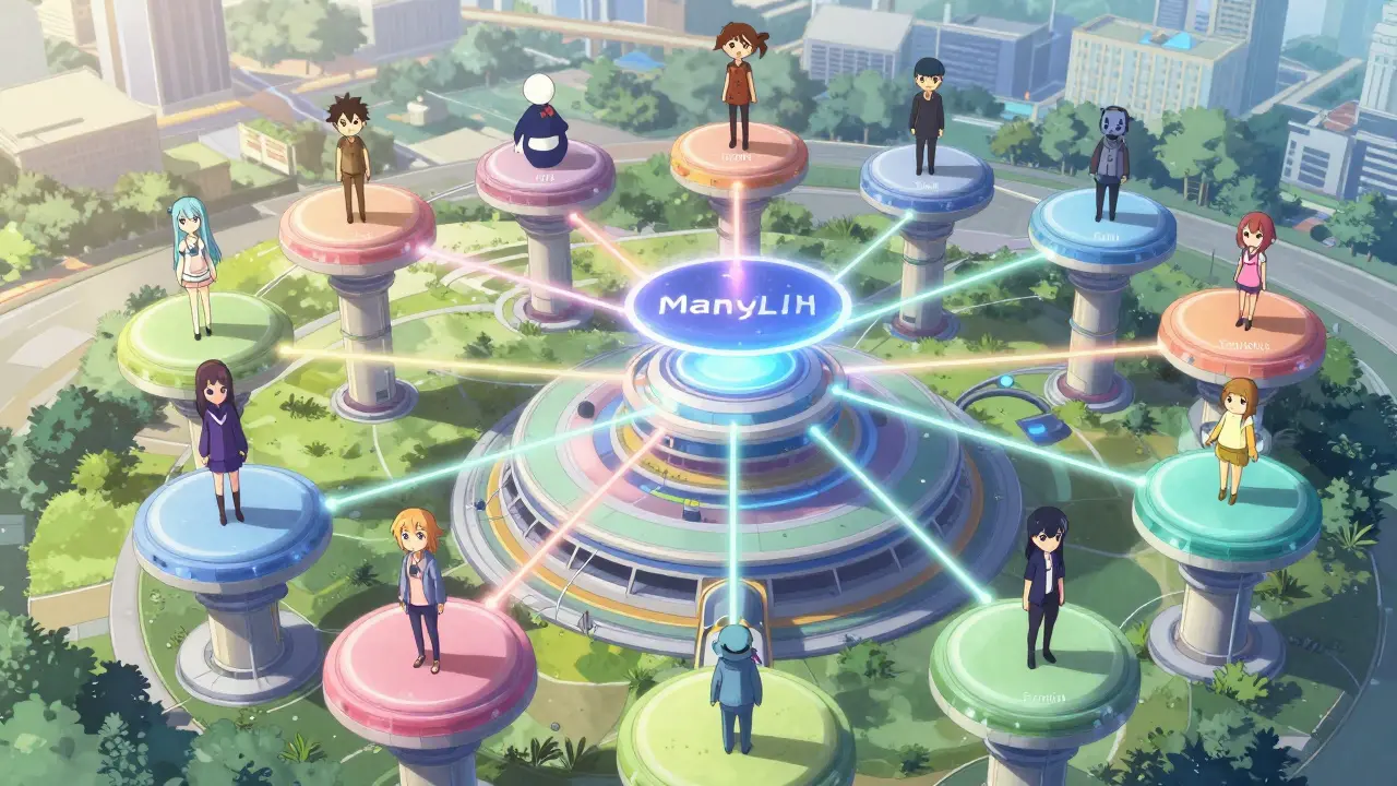 Réseau complexe d'agents IA sur des plateformes flottantes colorées illustrant la hiérarchie multi-niveaux ManyIH.