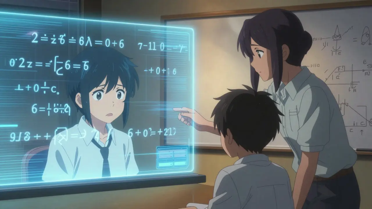 Scène manga contrastant la frustration face à une erreur d'IA mathématique avec le soutien empathique d'un enseignant humain.