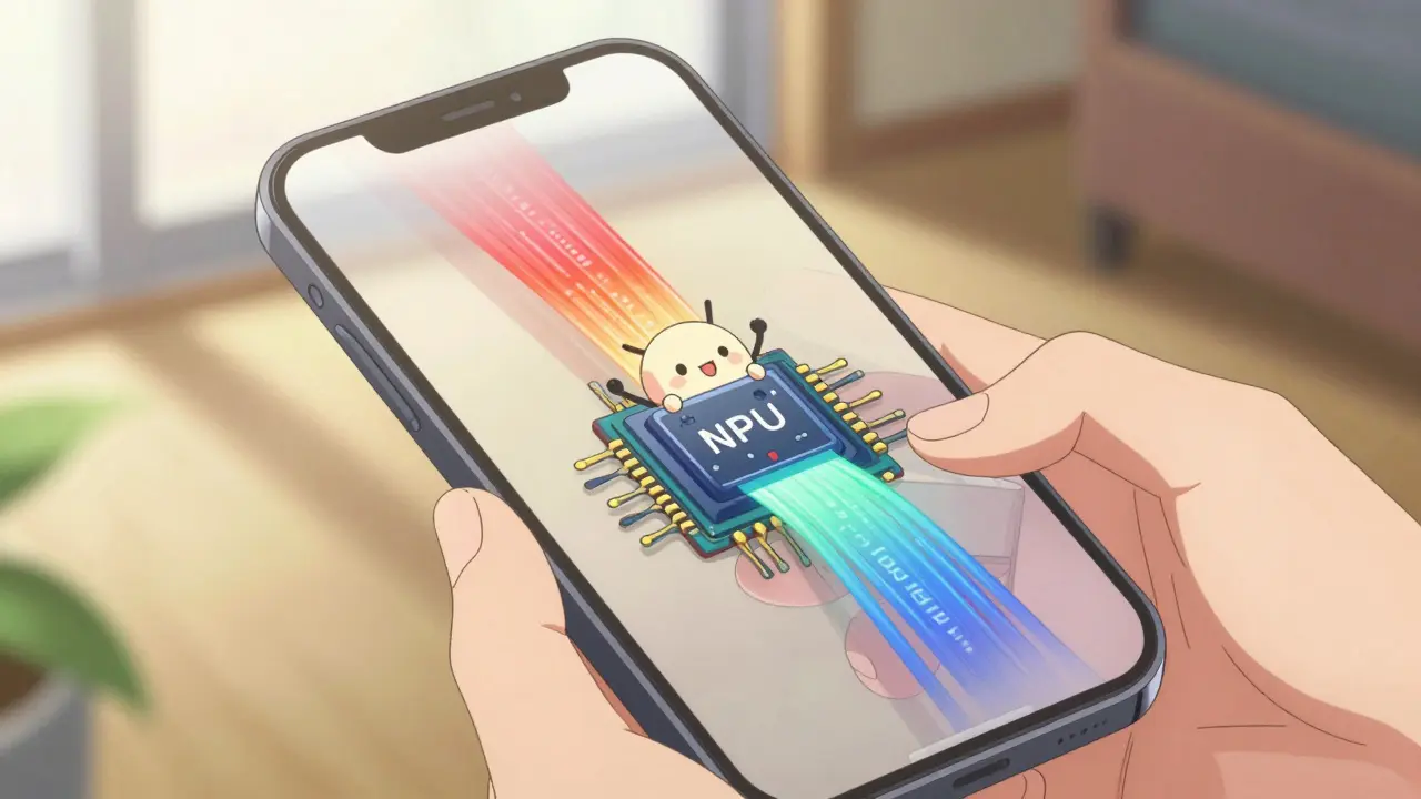 Téléphone intelligent montrant une puce NPU animée traitant des flux de données colorés