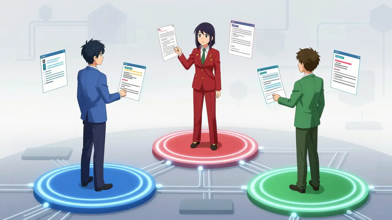 Trois rôles professionnels collaborant sur la gouvernance du code via des flux de données.