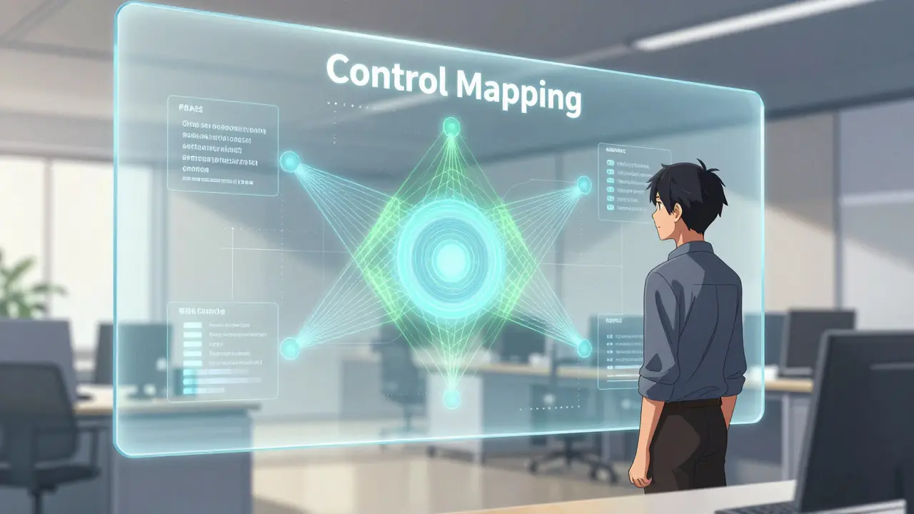 Un analyste visualisant des connexions géométriques lumineuses sur un mur de verre pour la cartographie des contrôles.