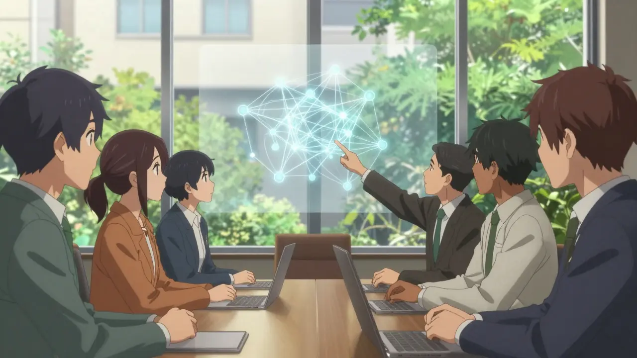 Une équipe discutant stratégiquement autour d'une projection de réseau neuronal dans une salle de réunion moderne.