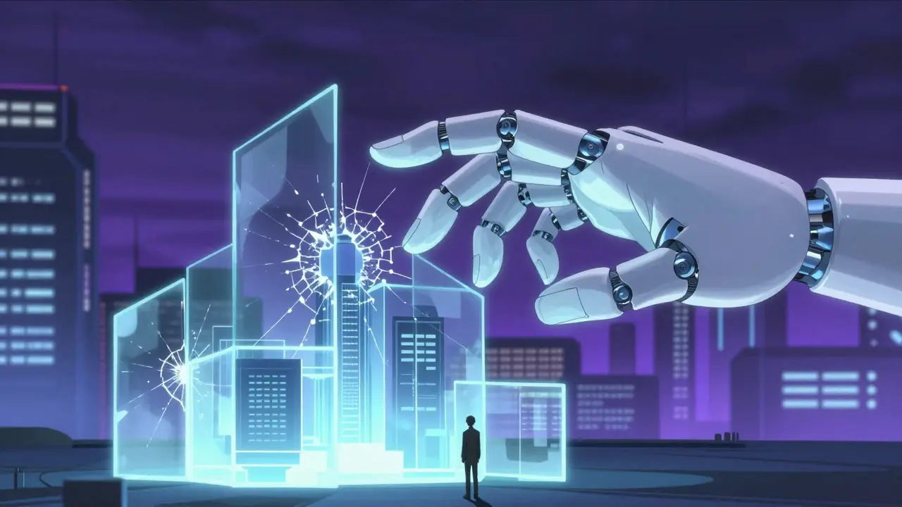 Une main robotique touche une structure fragile, symbolisant les risques du code IA.