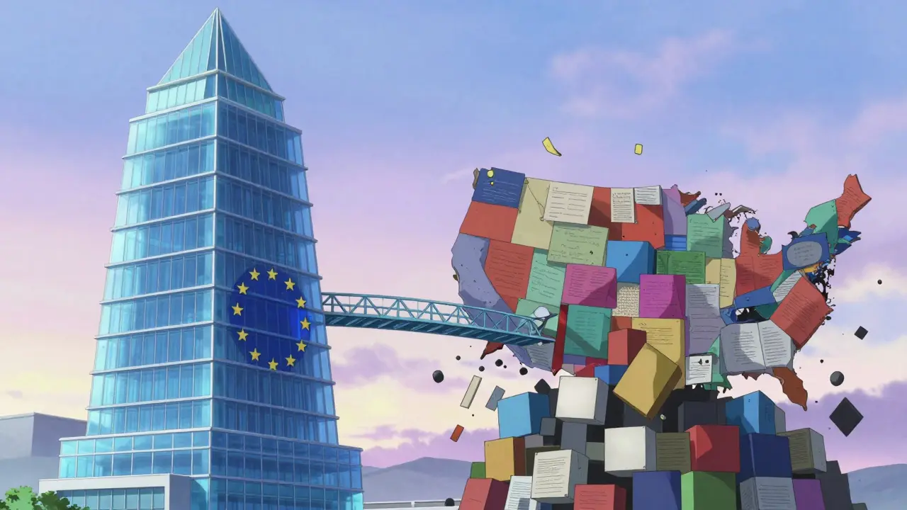 Visualisation artistique contrastant les régulations européennes unifiées et américaines fragmentées