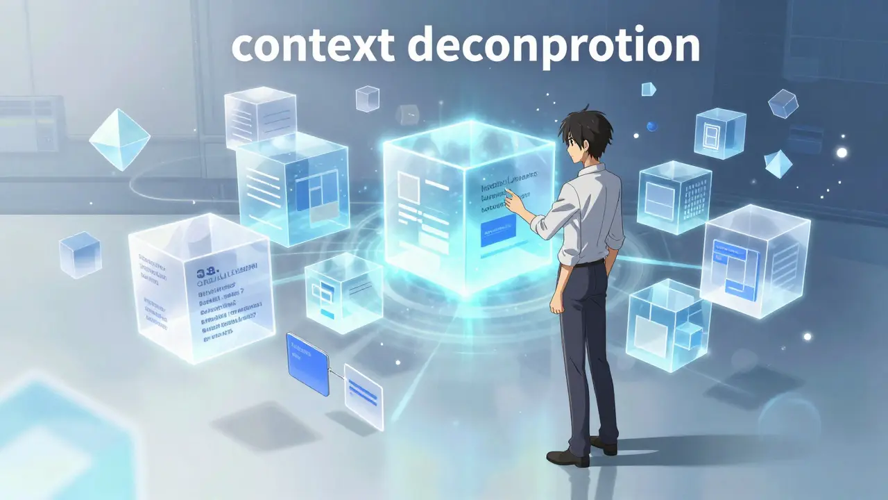 Visualisation conceptuelle de la décomposition des composants logiciels avec des formes géométriques flottantes organisées par un développeur.