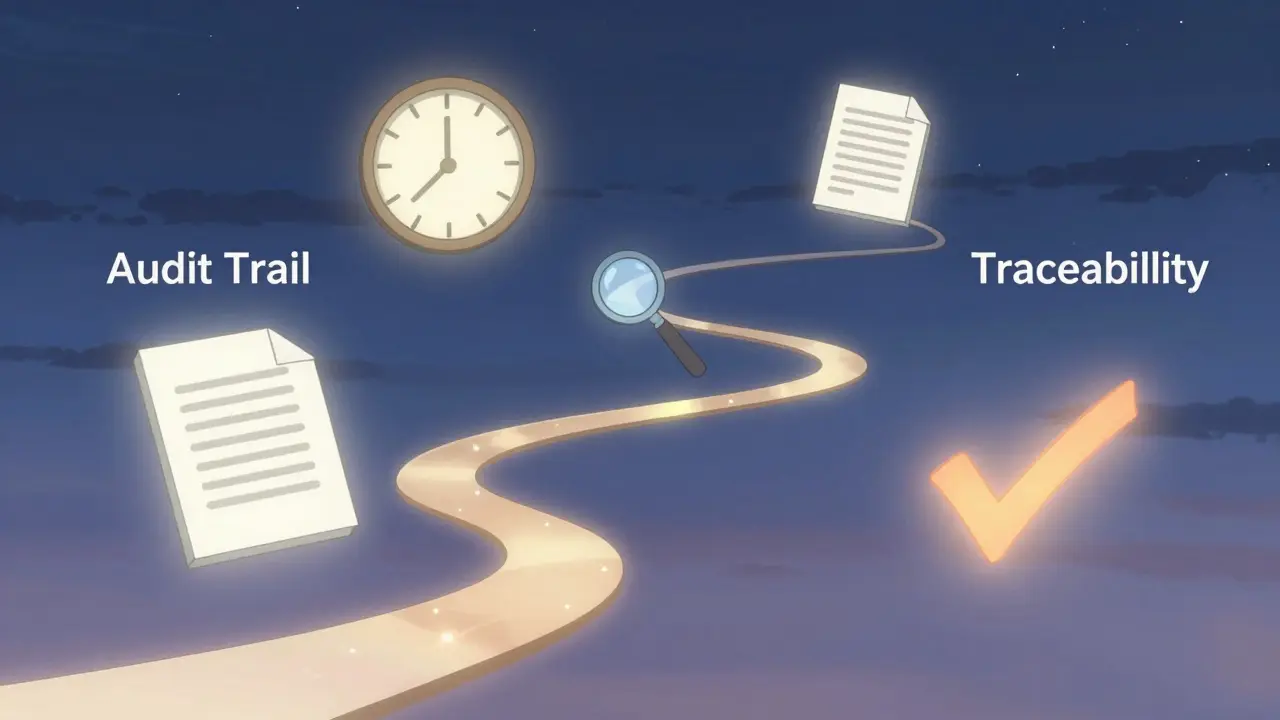 Art conceptuel au style Kyoto Animation représentant la traçabilité par un chemin de lumière reliant des icônes flottantes (horloge, document, loupe), évoquant l'ordre et la clarté dans l'audit des systèmes IA.