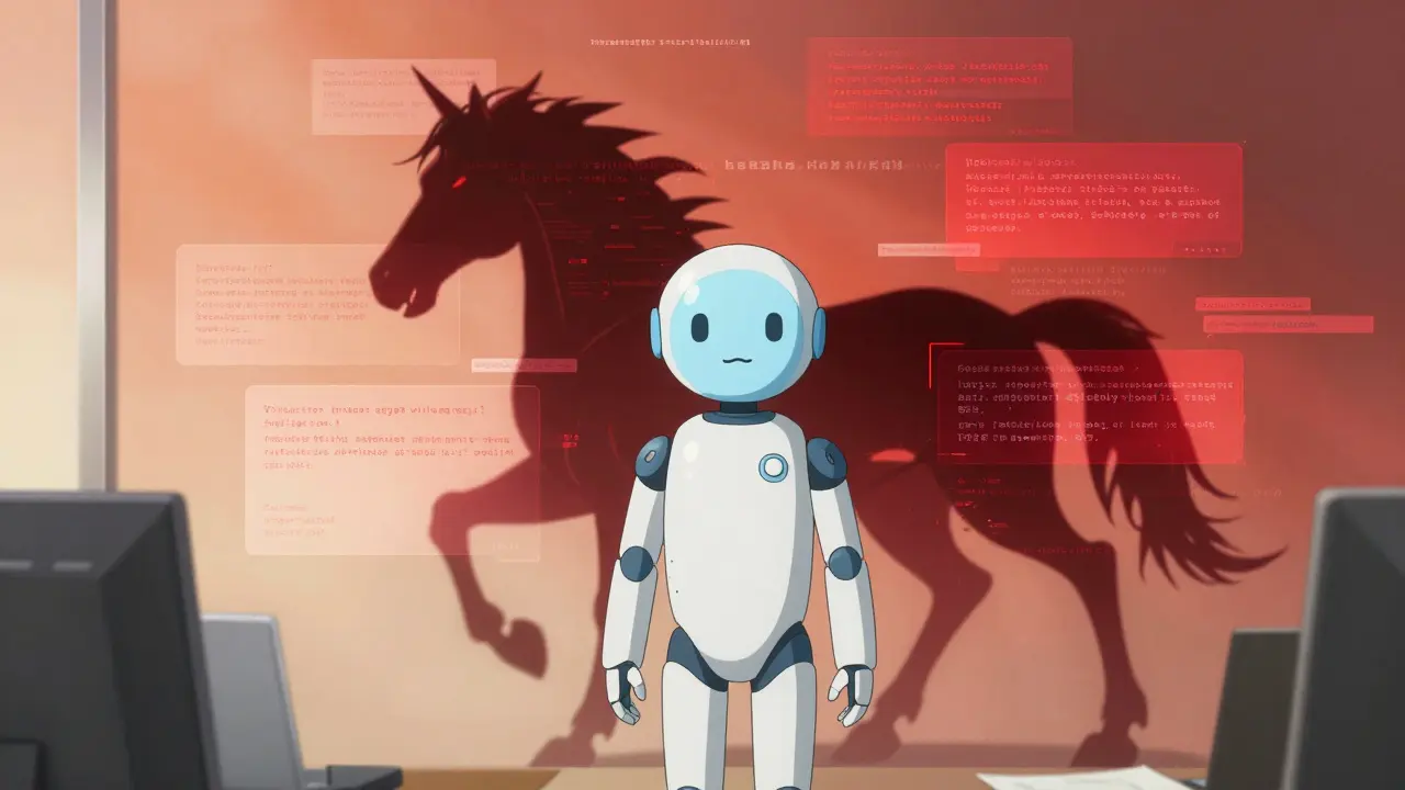 Avatar IA trompeur dont l'ombre révèle une menace cachée d'injection de prompt, style anime détaillé