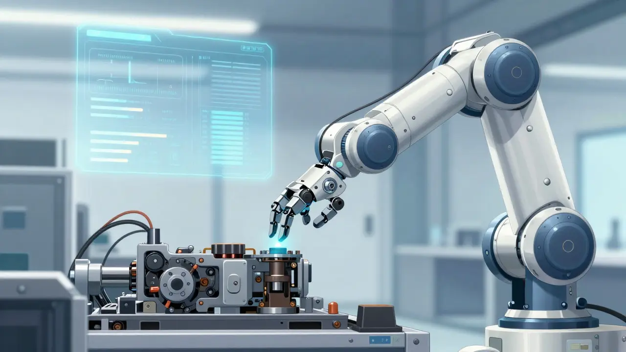 Bras robotique effectuant une inspection précise dans un atelier moderne