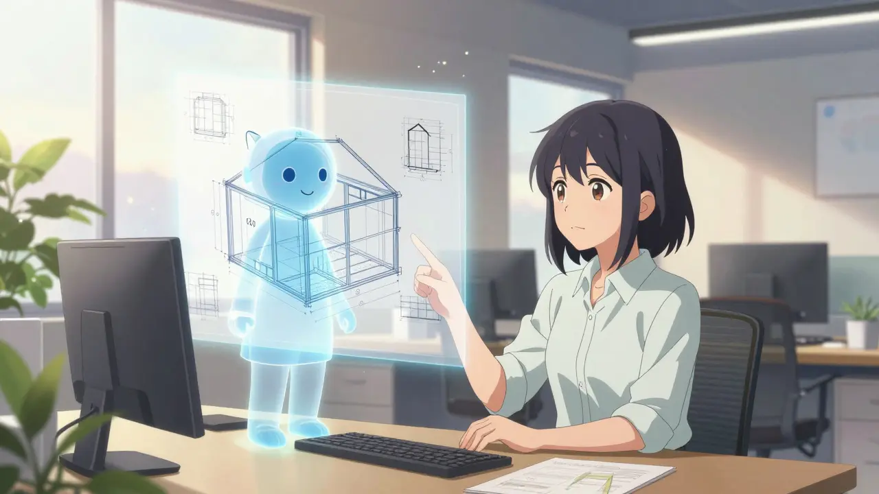 Développeur calme avec une IA projetant des plans architecturaux clairs, style anime