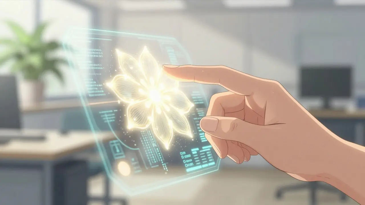 Gros plan au style Kyoto Animation d'une main humaine touchant délicatement une interface numérique lumineuse ressemblant à une fleur, illustrant le contact humain essentiel dans la révision des sorties IA.
