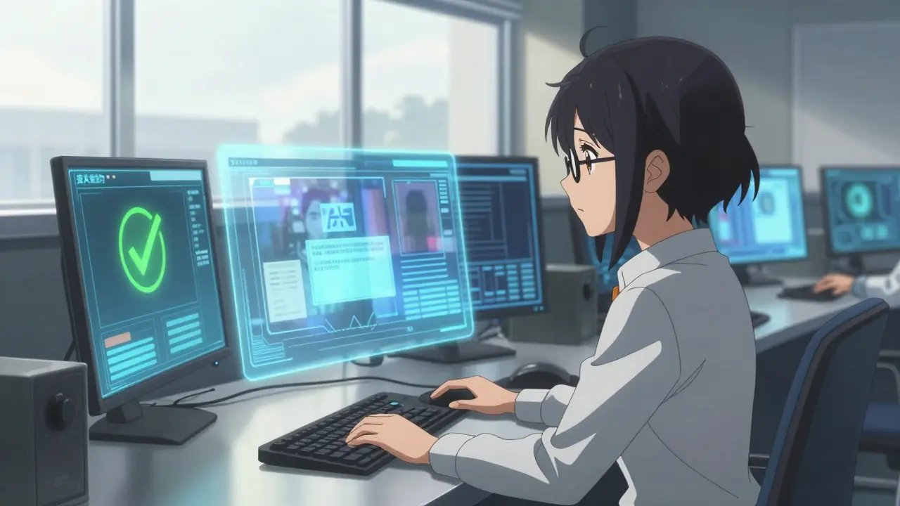 Ingénieure analysant des réponses IA sur des écrans holographiques dans un bureau futuriste.