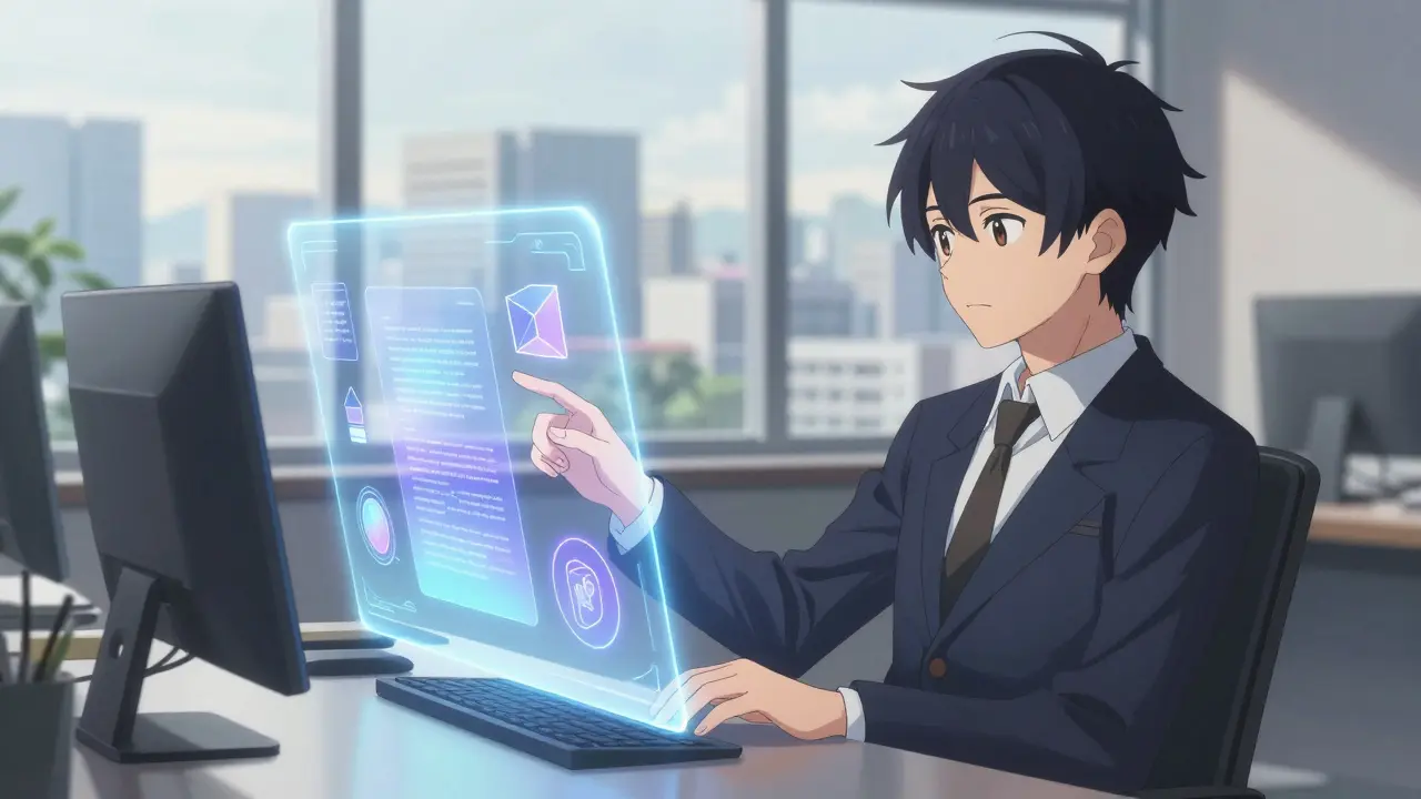 Juriste calme utilisant une IA holographique futuriste