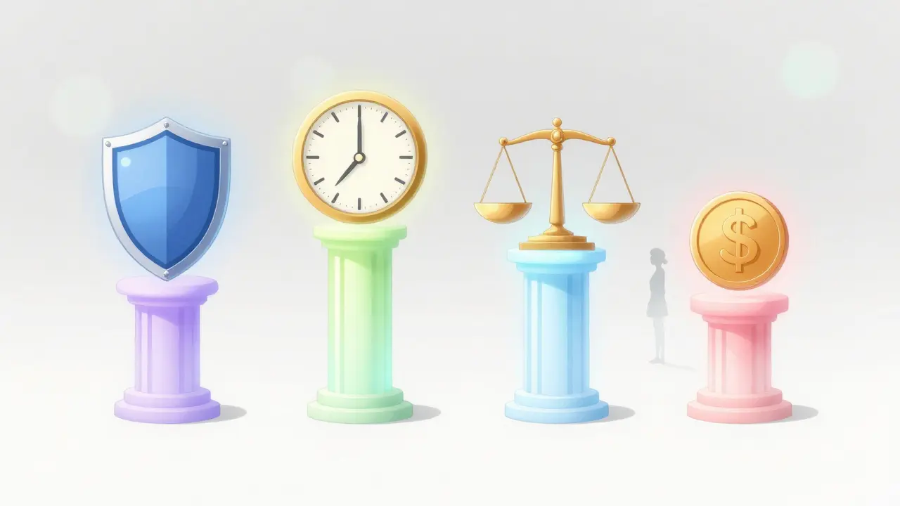 Quatre piliers symboliques représentant les KPIs des LLM