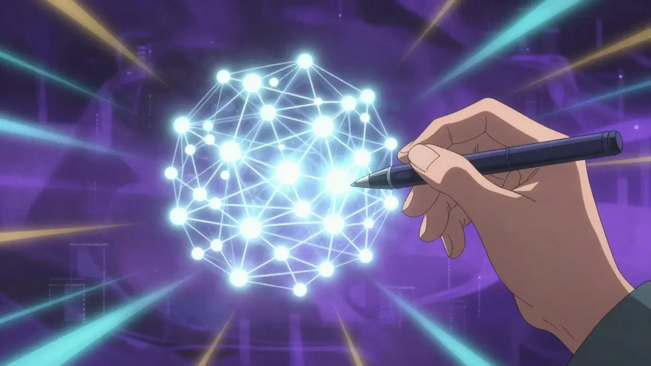 Réseau neuronal lumineux et main humaine illustrant la technologie LLM dans un style manga.