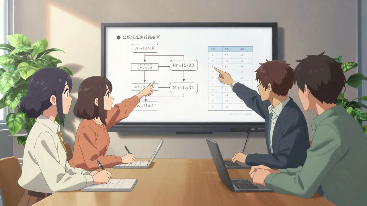 Scène de réunion d'équipe au style Kyoto Animation dans une salle de conférence verdoyante et ensoleillée, où des collaborateurs discutent devant un écran élégant affichant des matrices de risque, incarnant la collaboration transversale.