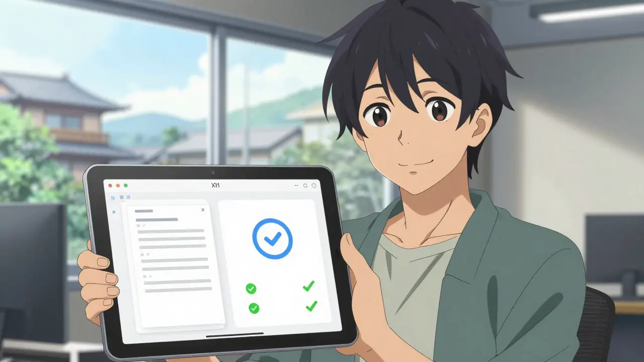 Spécialiste satisfait montrant une interface optimisée et rapide