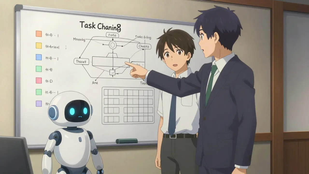 Stratège et assistant robotique collaborant sur un tableau blanc dans un bureau chaleureux.