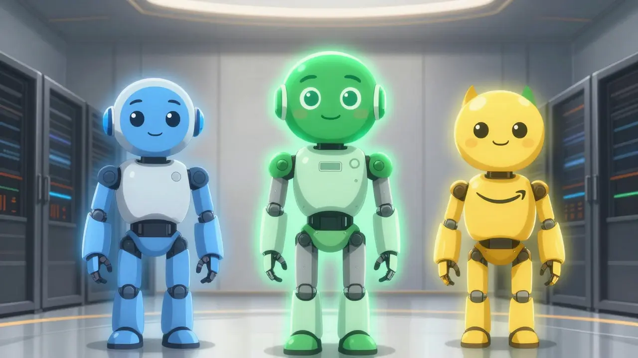 Trois avatars robotisés comparant les plateformes d'IA en style anime