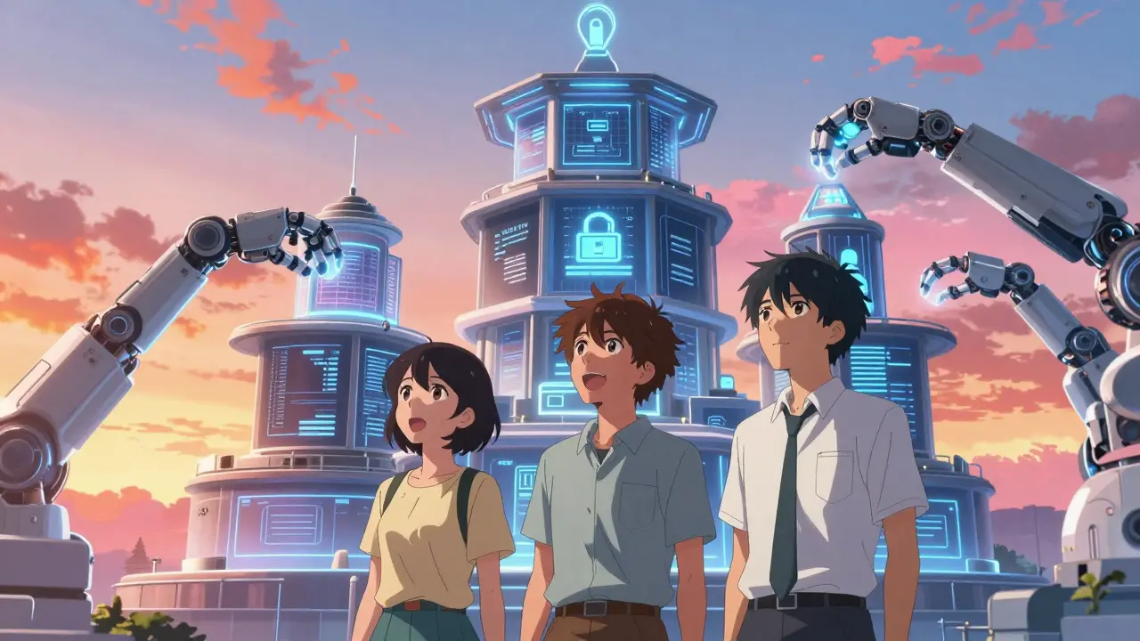 Trois développeurs observant une architecture logicielle élégante, style anime Kyoto