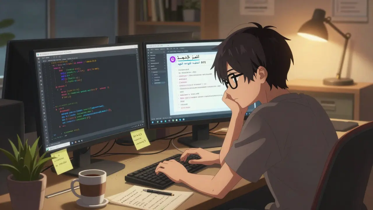Un développeur anime fatigué travaille tard le soir face à des erreurs de traduction dans son code.