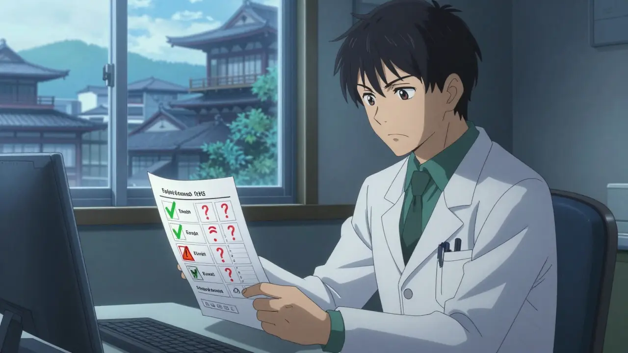 Un médecin anime inquiet regarde des résultats d'examen médical divergents entre l'anglais et une autre langue.
