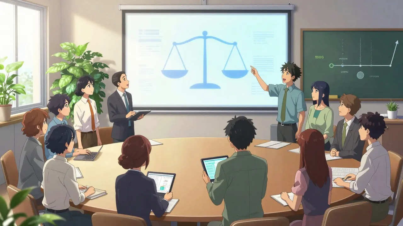 Une équipe anime supervise éthiquement un système IA dans un bureau lumineux
