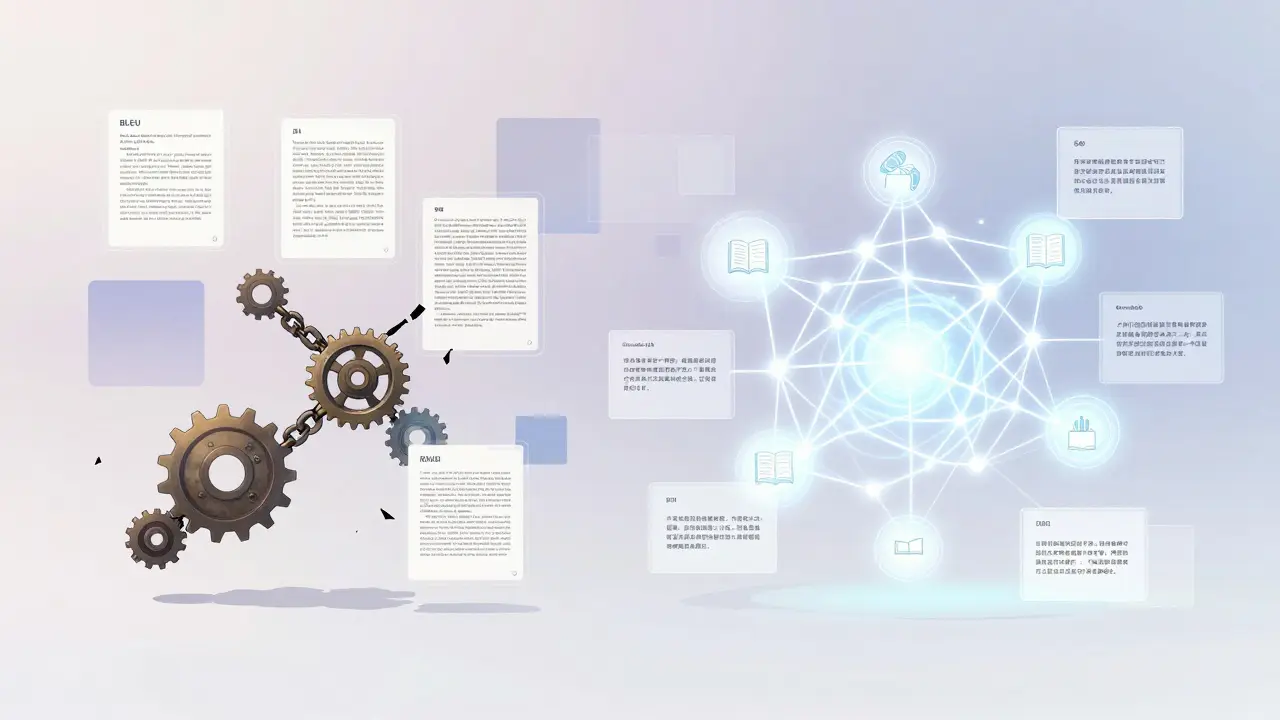 Visualisation abstraite comparant les métriques obsolètes aux connexions précises du Grounded QA