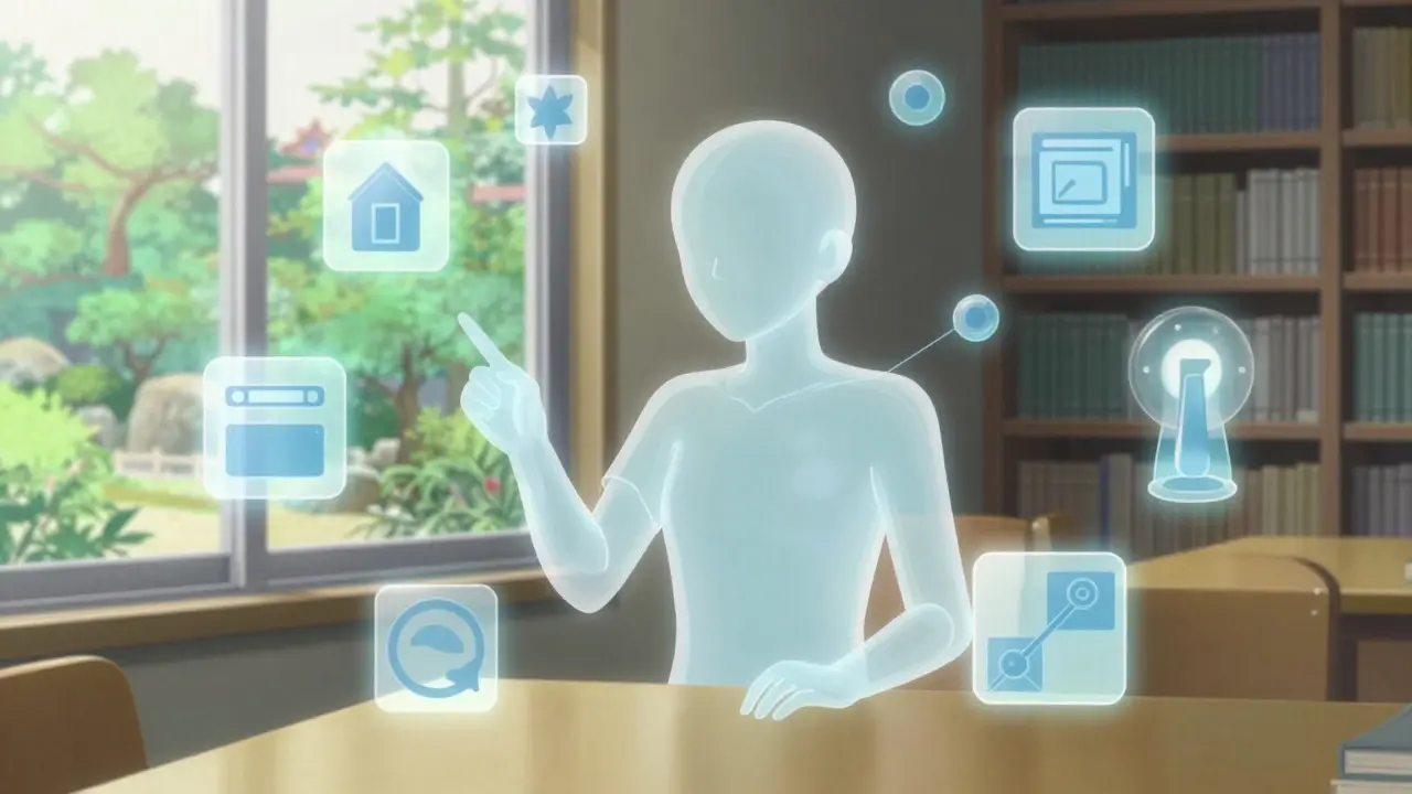 Avatar numérique interagissant avec des outils abstraits dans un jardin