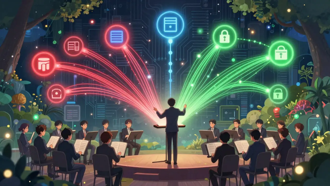 Conducteur d'orchestre dirigeant des flux de données colorés pour l'orchestration IA