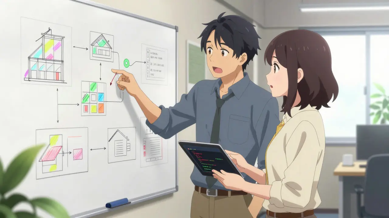 Deux collègues discutant devant un tableau blanc avec des diagrammes