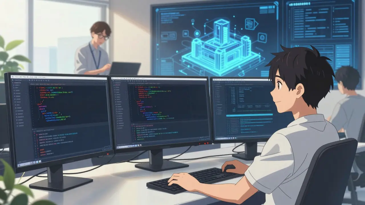 Développeur utilisant des outils IA pour coder rapidement et efficacement
