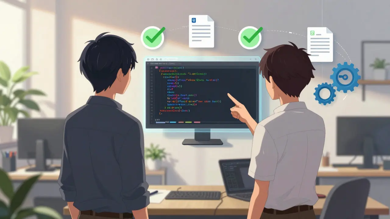 Équipe validant la conformité et l'intégration du code