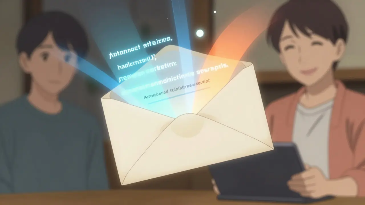 Lettre d'assurance personnalisée flottant avec des effets de lumière doux et chaleureux.