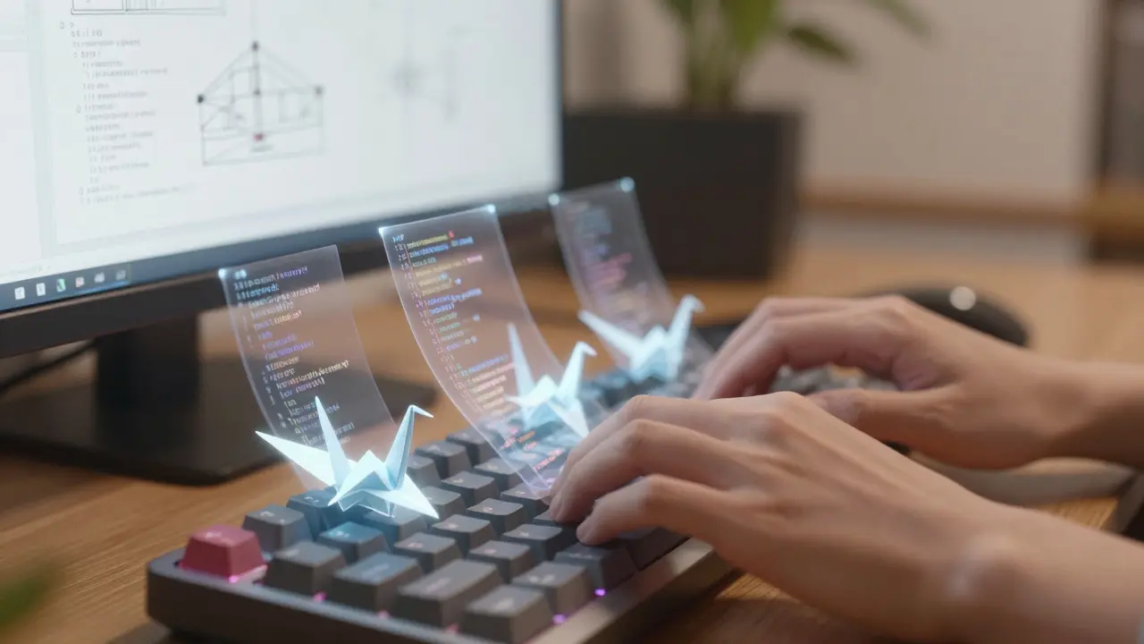 Mains tapant sur un clavier avec du code flottant comme des cerfs-volants