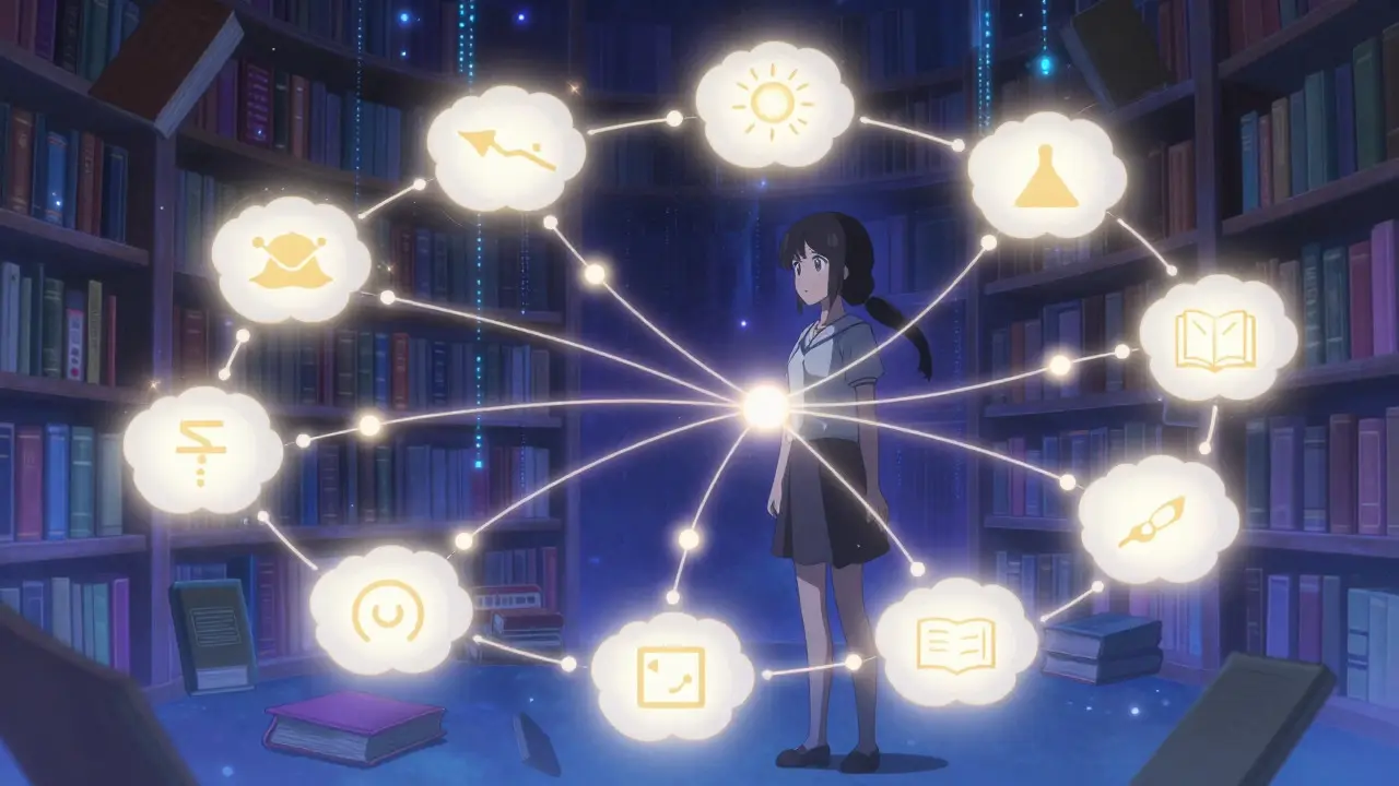 Personnage anime connecté à des bulles de raisonnement lumineux