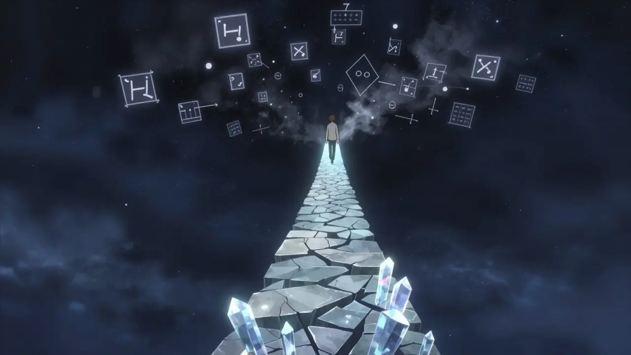 Personnage marchant sur un chemin fragile représentant le seuil de complexité critique.