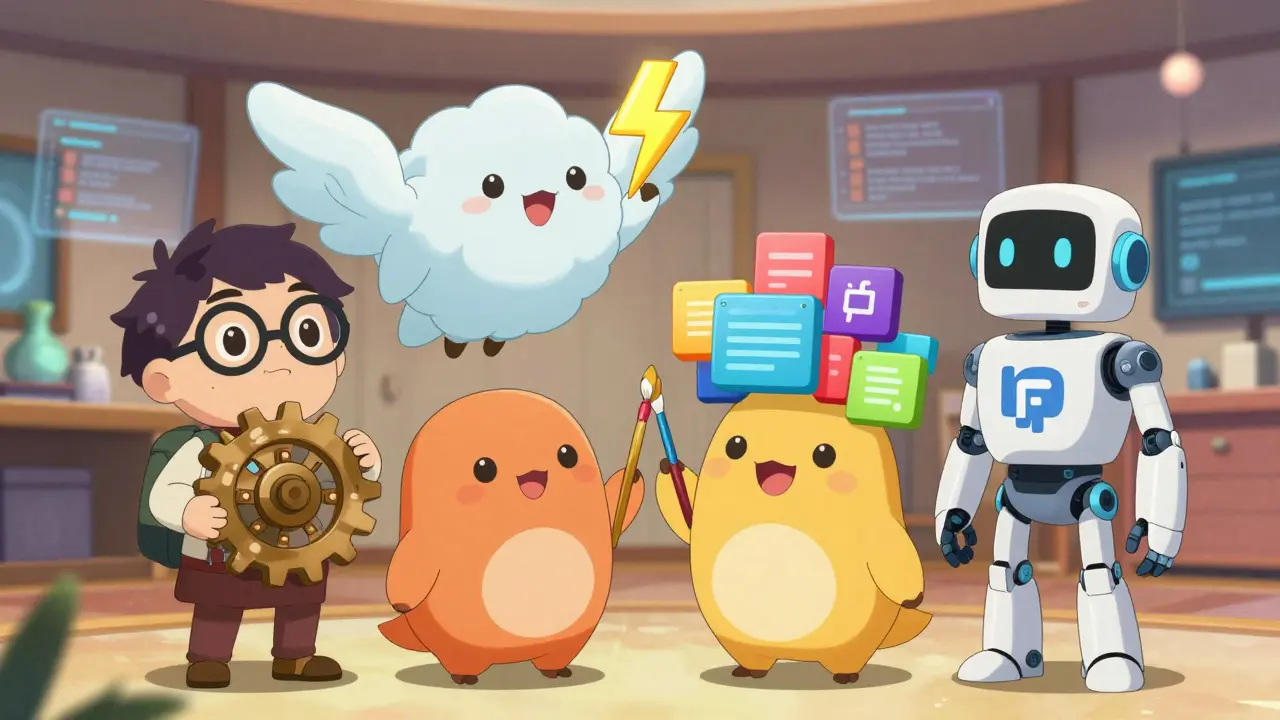 Quatre avatars numériques représentant les outils de vibe coding ensemble