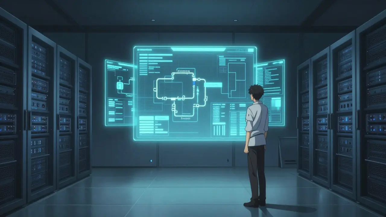Salle de serveurs futuriste avec des portes d'évaluation holographiques flottantes