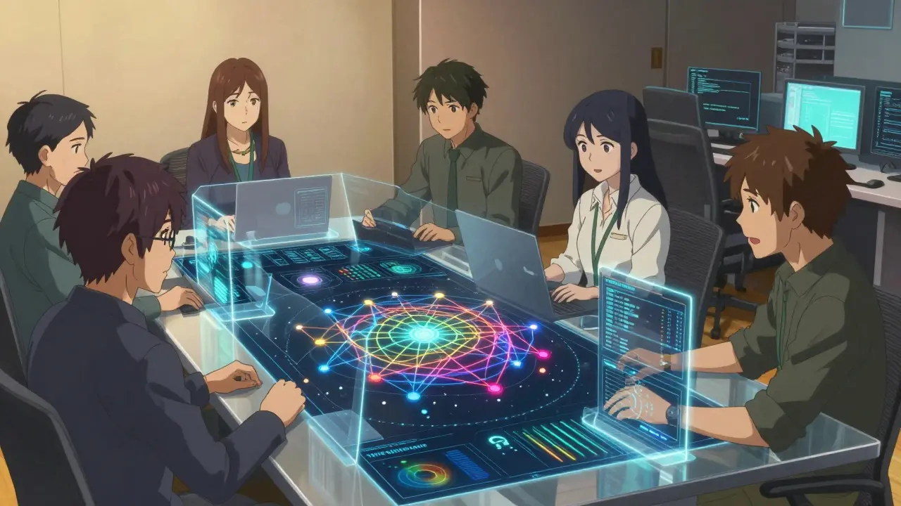 Une équipe de sécurité analysant des données sur une table holographique, style Kyoto Animation.