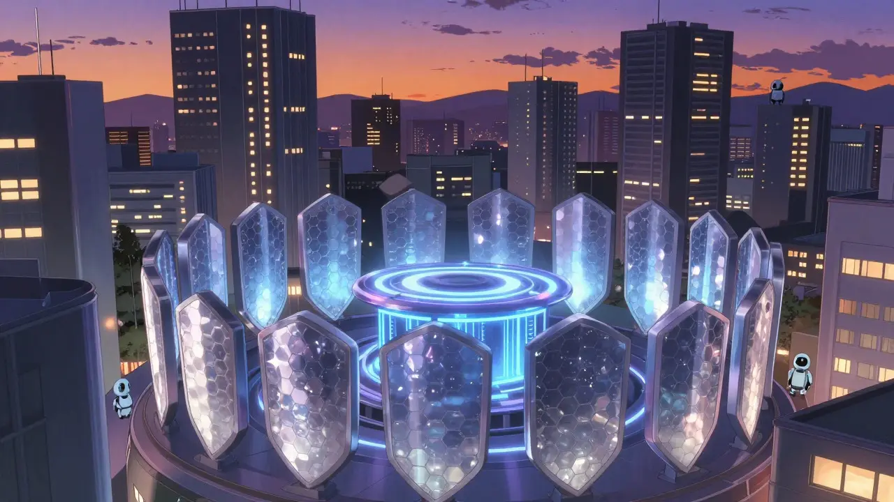 Ville futuriste protégée par un bouclier de sécurité numérique