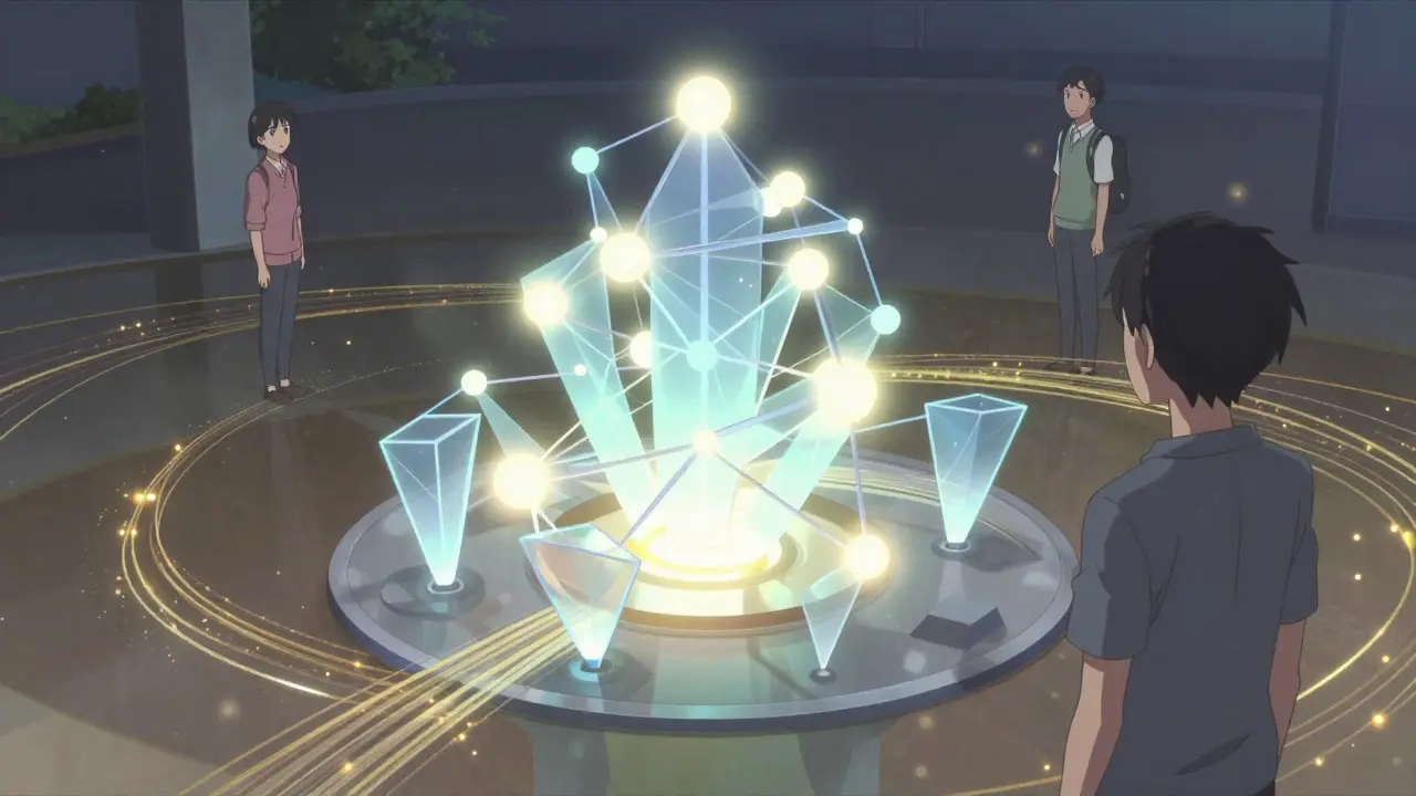 Visualisation abstraite d'une architecture MoE avec des nœuds lumineux