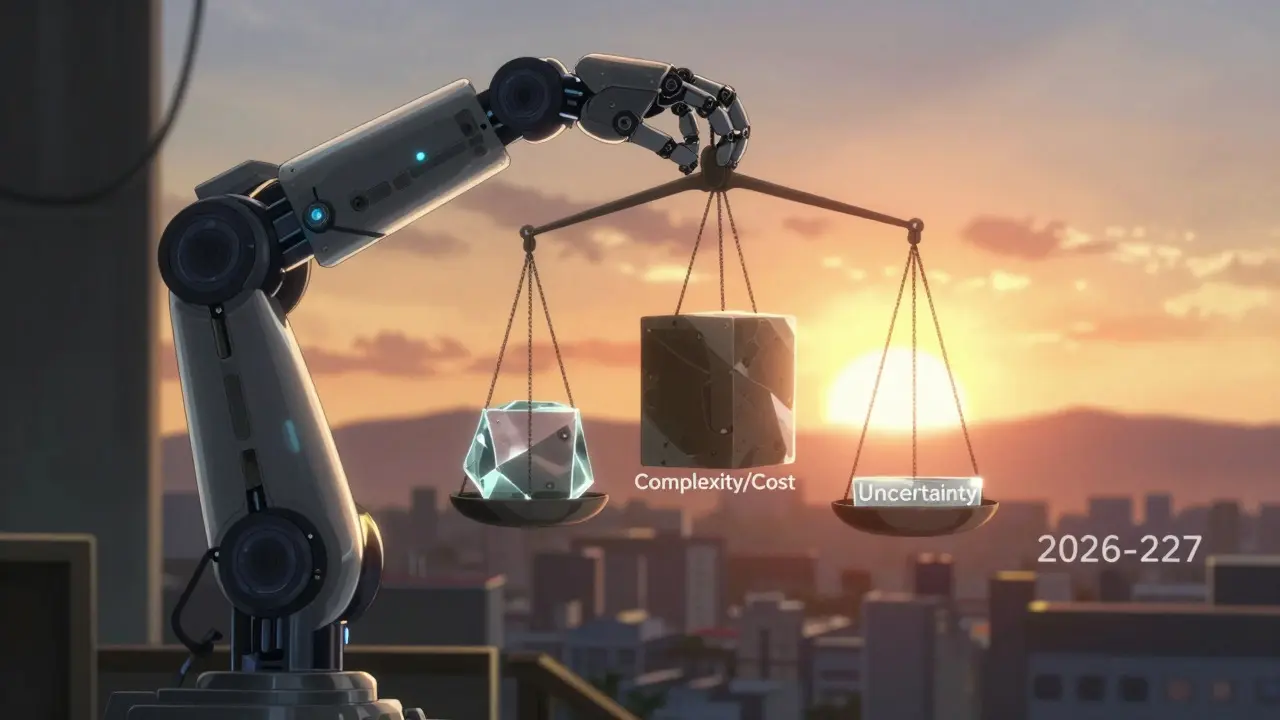 Bras robotique tenant une balance entre complexité et incertitude devant un lever de soleil