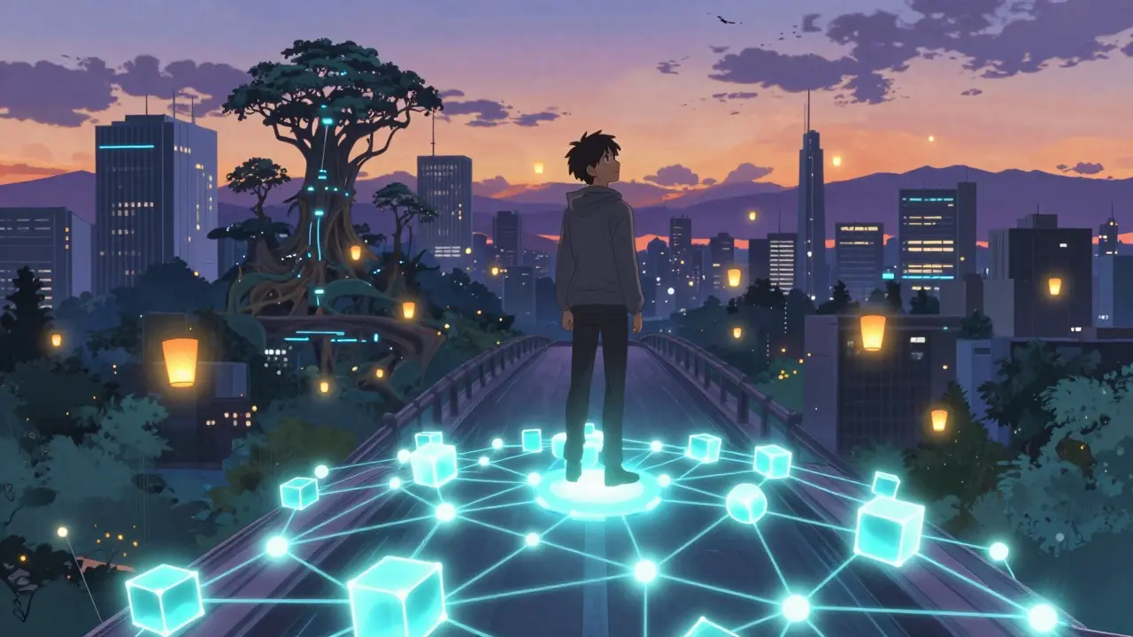 Figure humaine sur un pont de nœuds lumineux représentant la blockchain et l'éthique IA