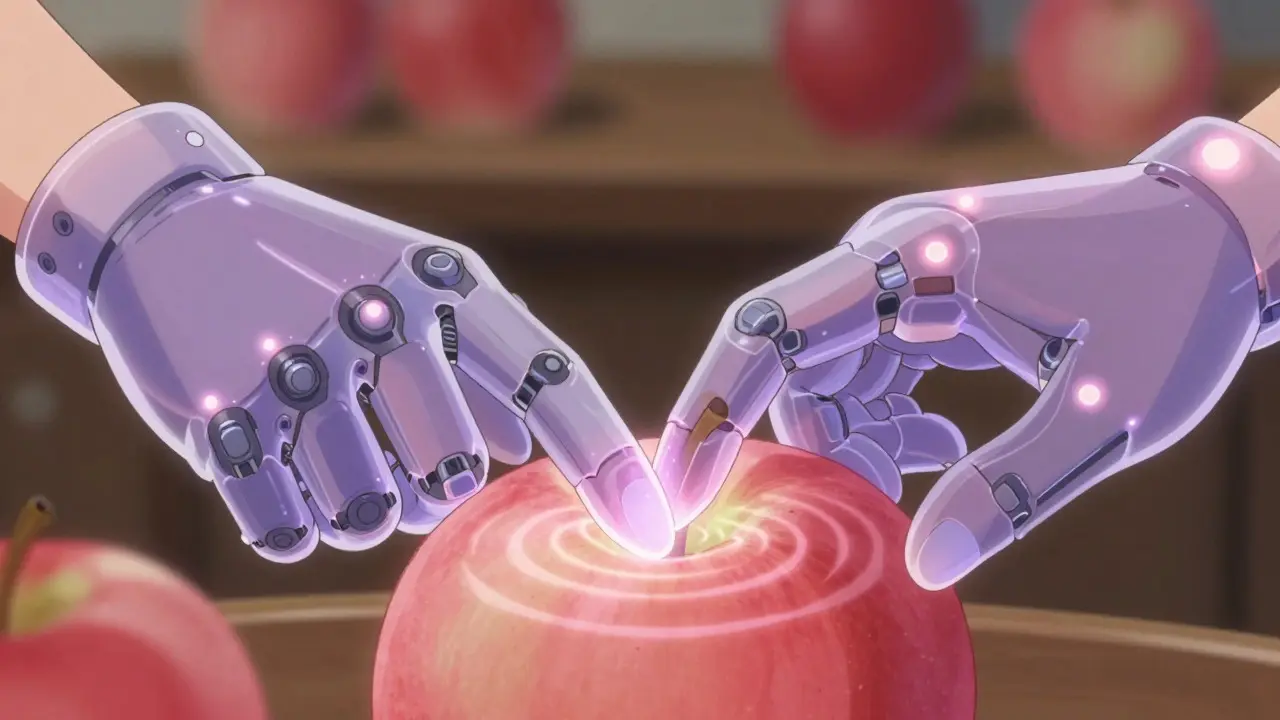 Mains portant des gants haptiques interactifs avec des ondes de lumière tactiles