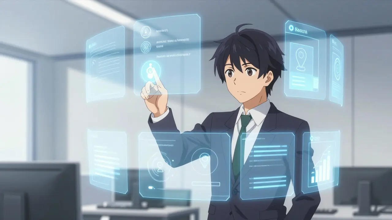 Personne interagissant avec une interface holographique de gestion du consentement en style anime